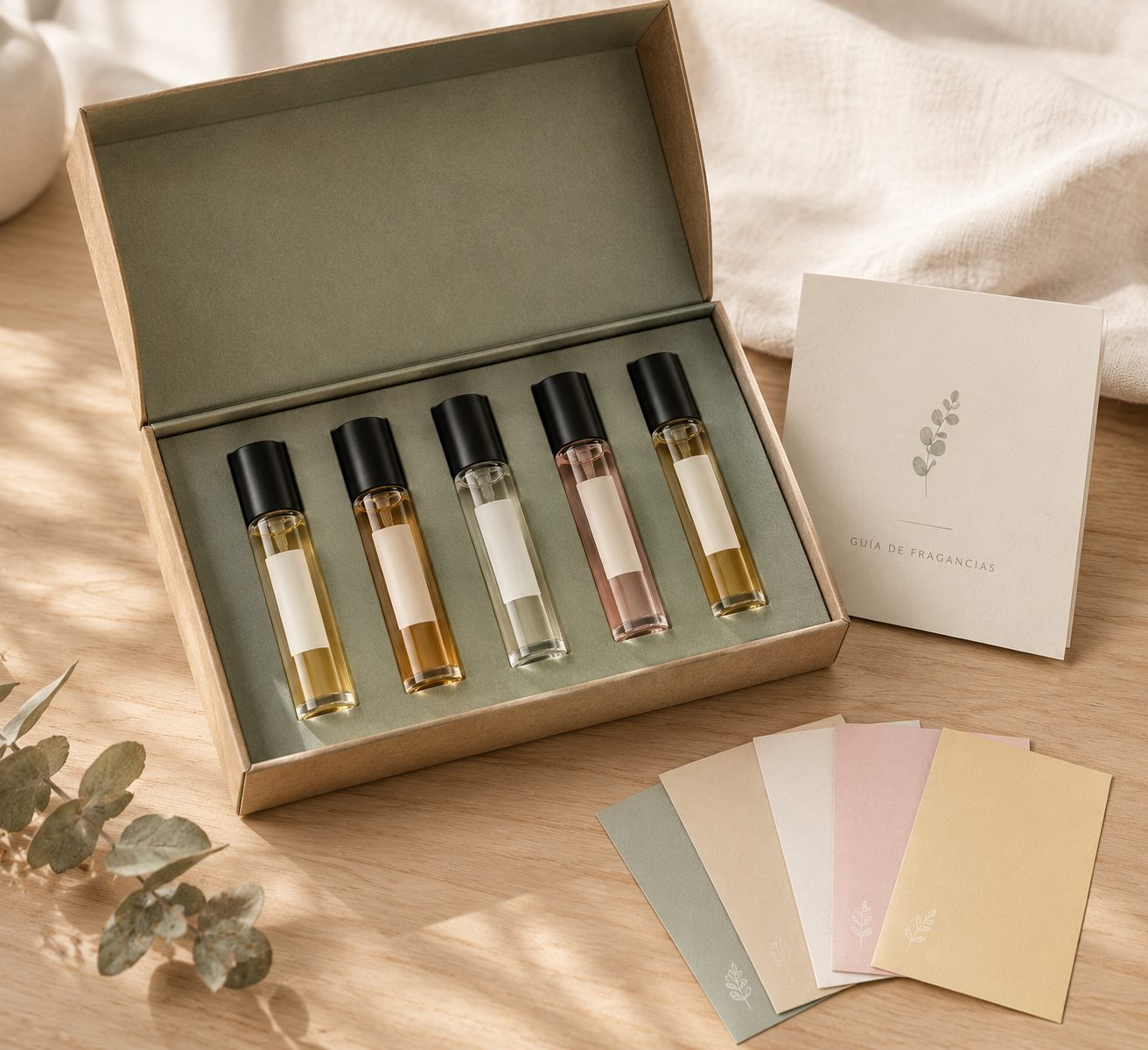 Kit Día a Día abierto: caja kraft con cinco frascos de fragancia, una guía y cinco tarjetas de colores